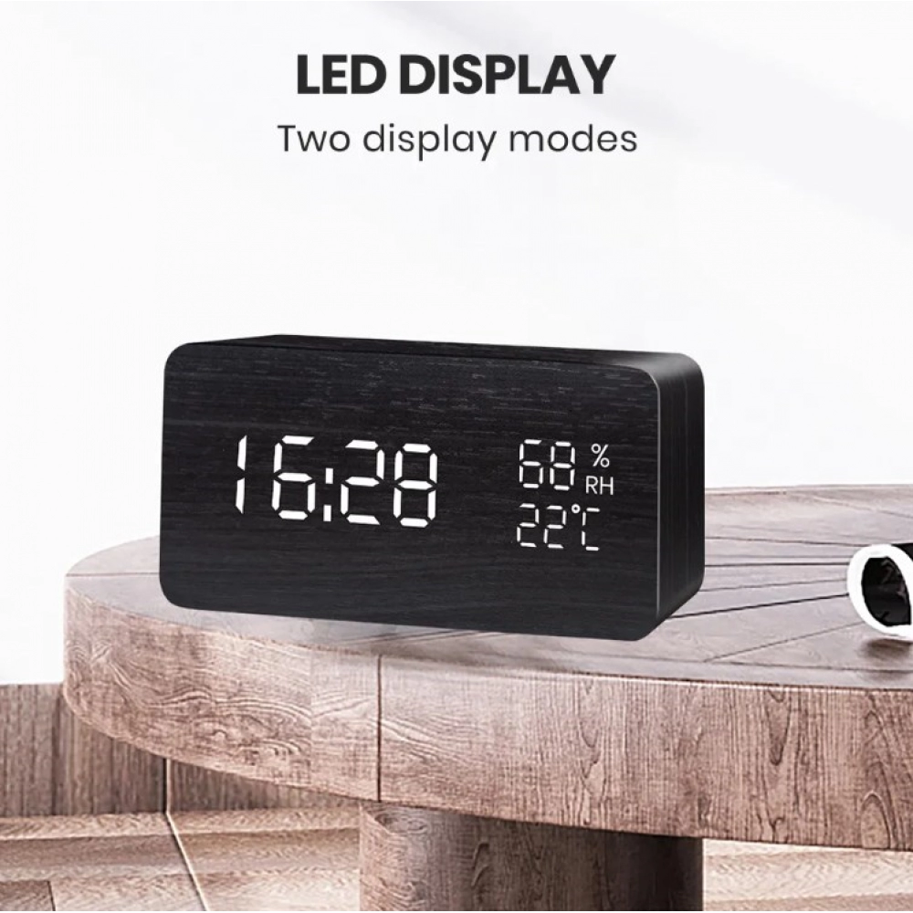 Alarm Clock LED Digital Wooden USB/AAA Powered Table Watch With Temperature Humidity Voice Control  Electronic Desk Clocks