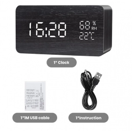 Alarm Clock LED Digital Wooden USB/AAA Powered Table Watch With Temperature Humidity Voice Control  Electronic Desk Clocks